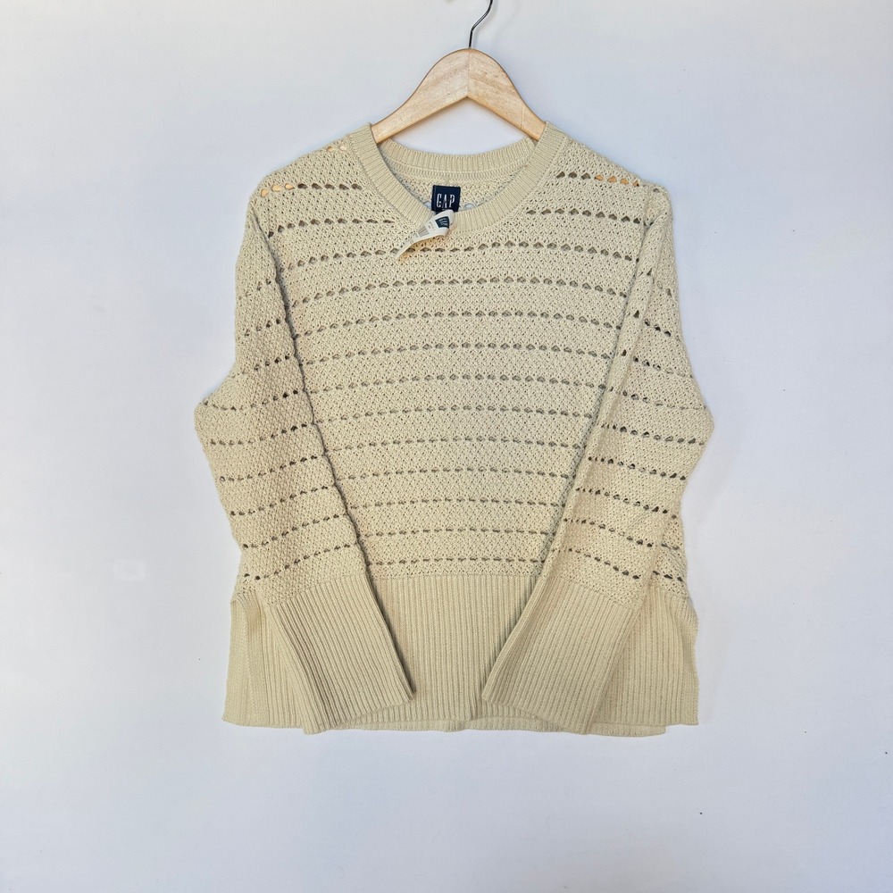 GAP Open-Knit Crochet Crewneck Sweater Women's XS Regular Beige Cotton Pullover